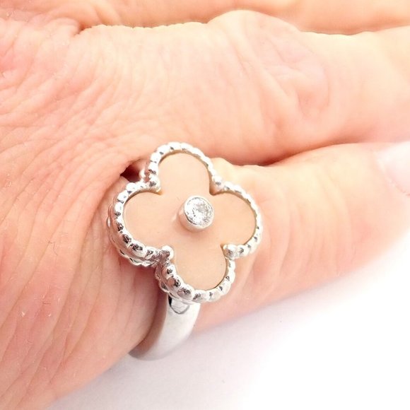 Authentic! Van Cleef & Arpels Alhambra 18k White Gold Pink Opal Diamond Ring - Picture 5 of 9